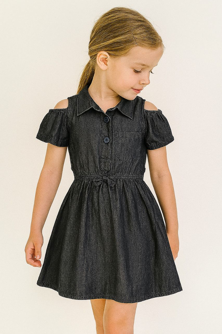 Kid Girl's Cold Shoulder Collar Denim Dress | MH