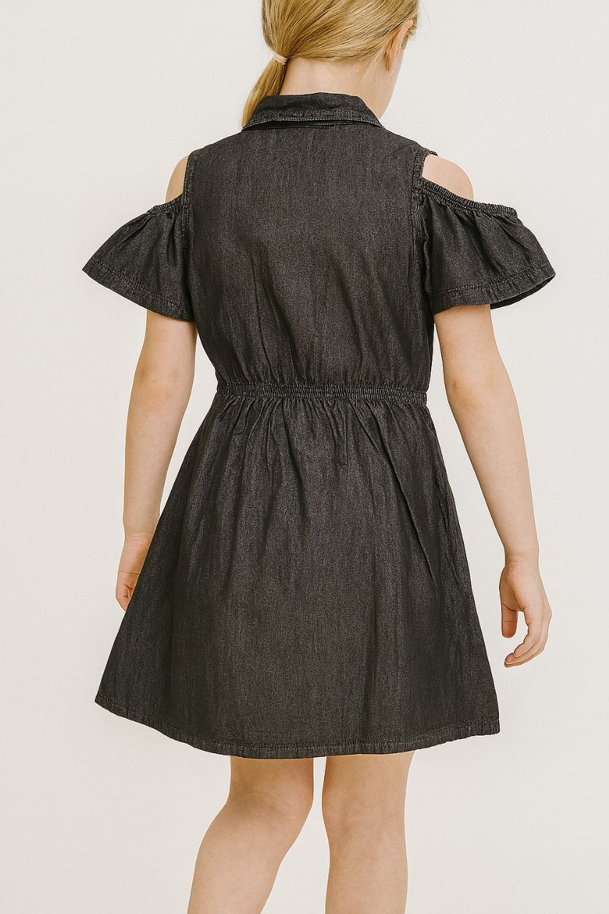 Kid Girl's Cold Shoulder Collar Denim Dress | MH