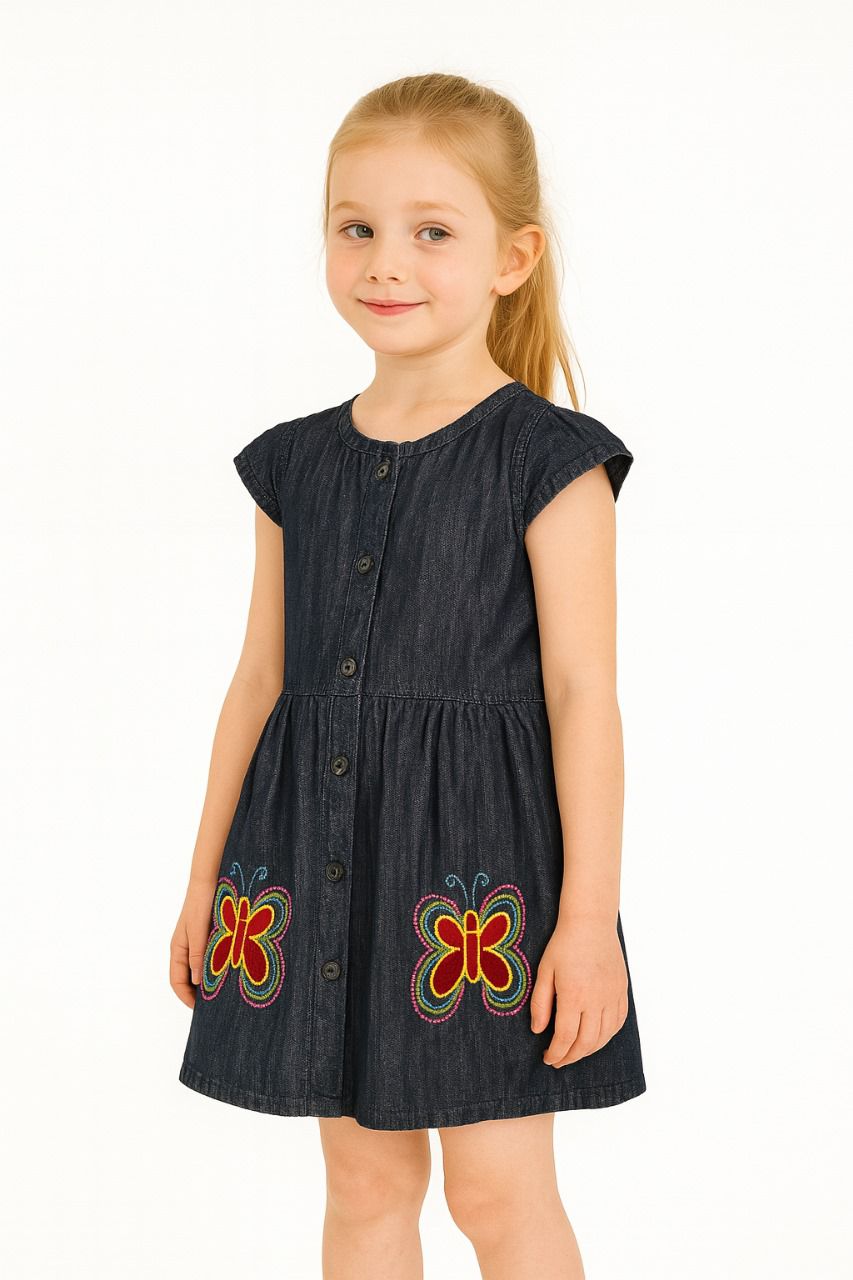 Kid Girl's Butterfly Embroidery Button Dress | MH