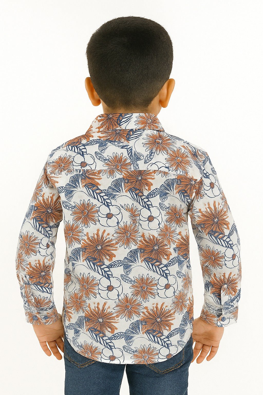 Boys' Floral Garden Shirt – White with Orange & Navy Print MH