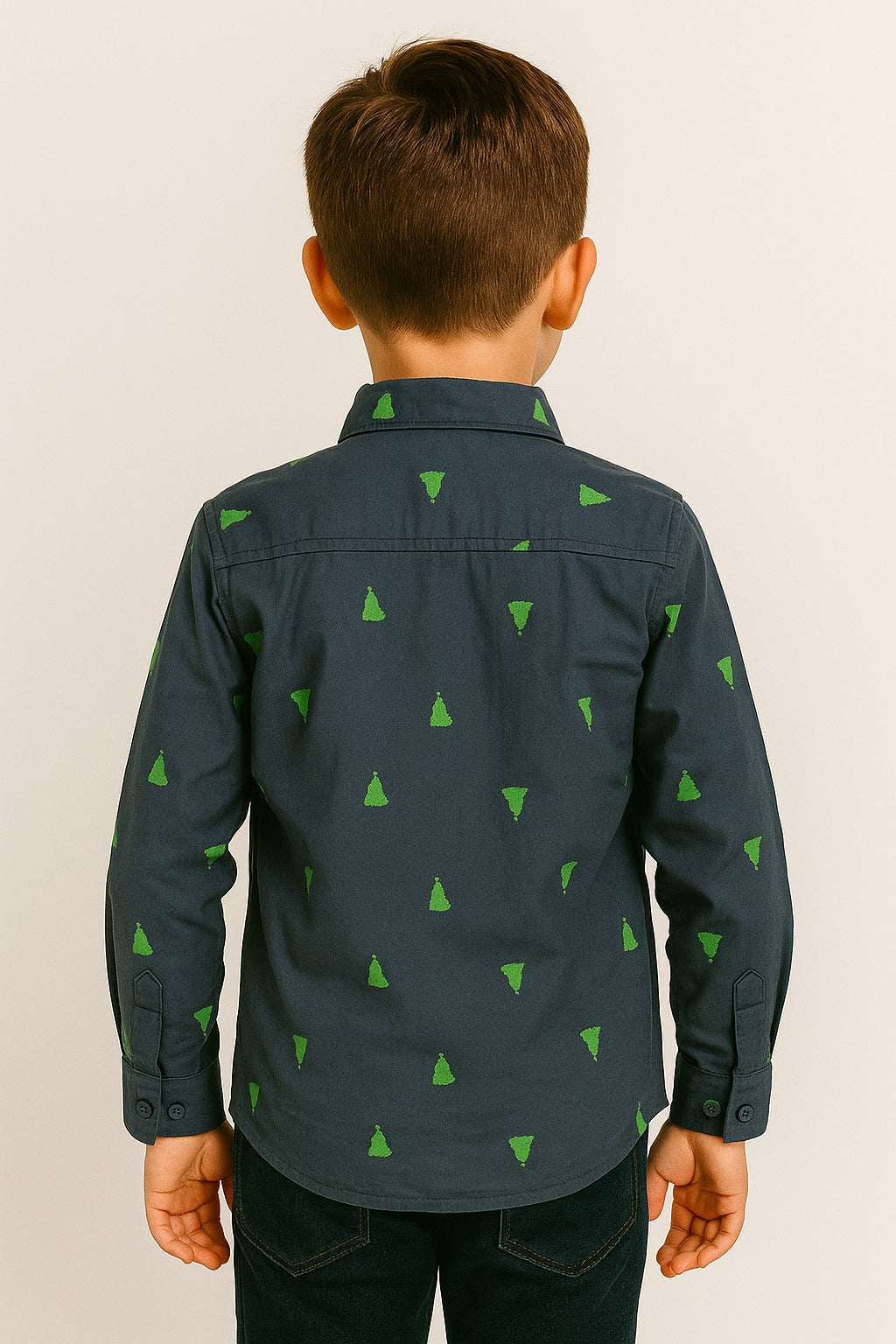Boys' Navy Blue Shirt with Green Tree Print MH