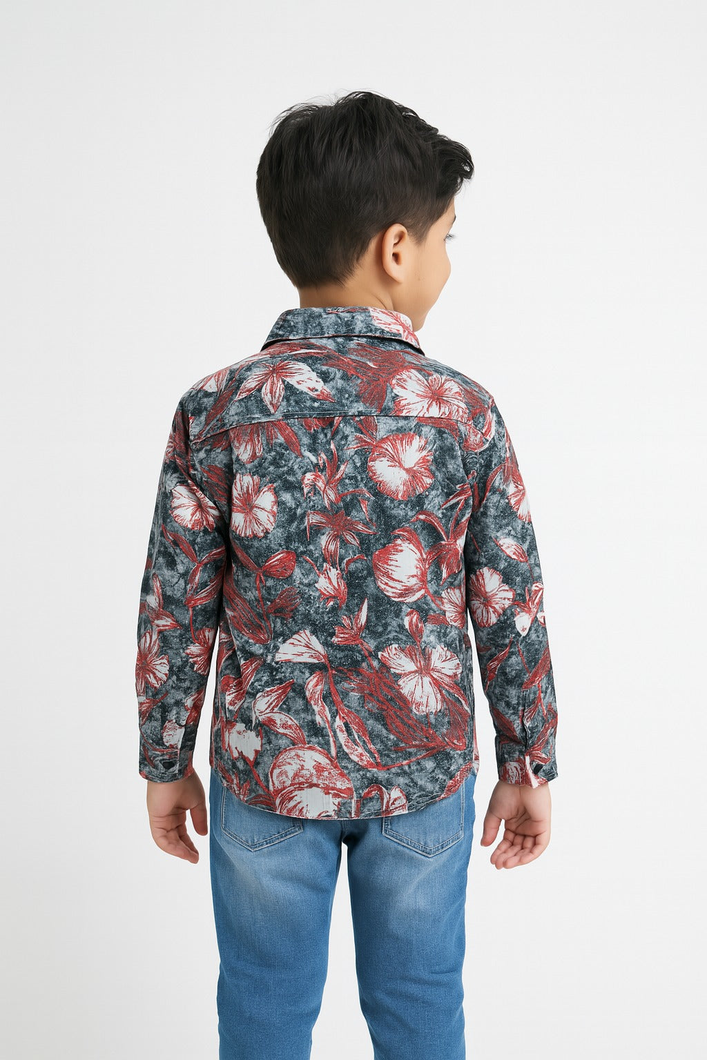 Boys' Charcoal Gray Floral Print Cotton Shirt MH