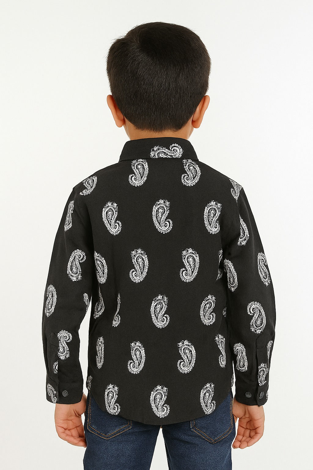 "Boys' Black Cotton Shirt with White Paisley Print MH