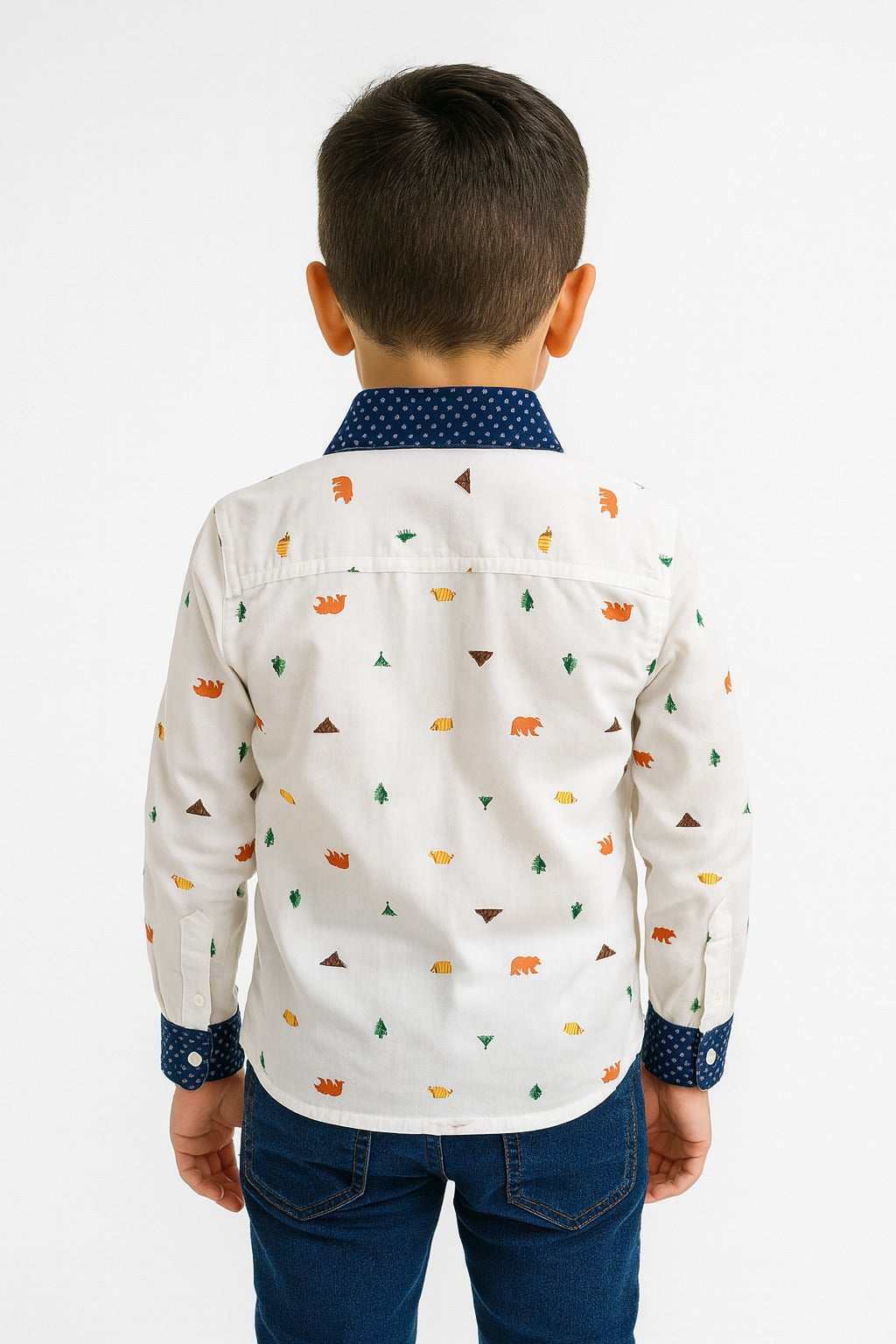 Starlight Safari: Boys’ Navy Forest-Print Button-Down Shirt MH