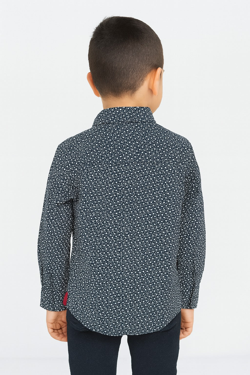 "Boys' Navy Blue Cotton Shirt with Maroon Accents and Micro Floral Print /MH