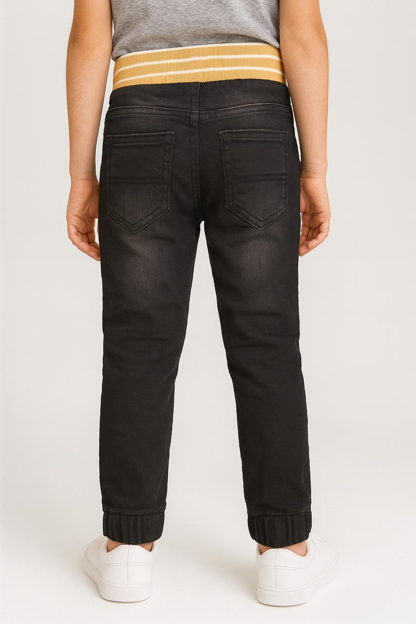 "Boys’ Black Denim Jogger Pants with Yellow-Striped Ribbed Waistband" /MH
