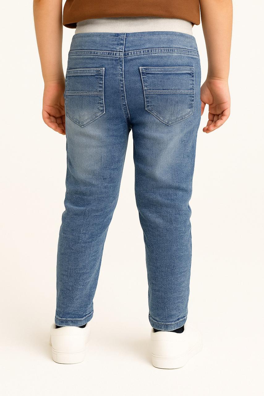 "Boys' Blue Washed Denim Joggers with Contrast Waistband and Side Stripe Detail /MH