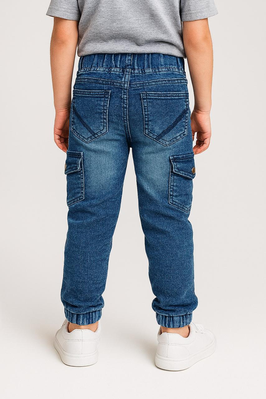 Boys’ Blue Cargo Denim Joggers with Red SEBREME Print & Drawstring Waist/MH