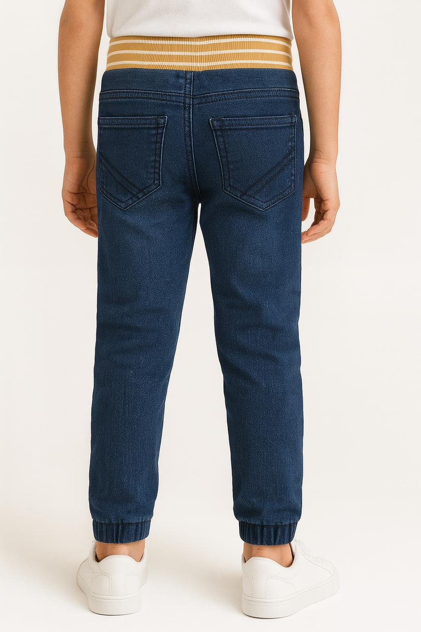 "Boys’ Black Denim Jogger Pants with Yellow-Striped Ribbed Waistband" /MH