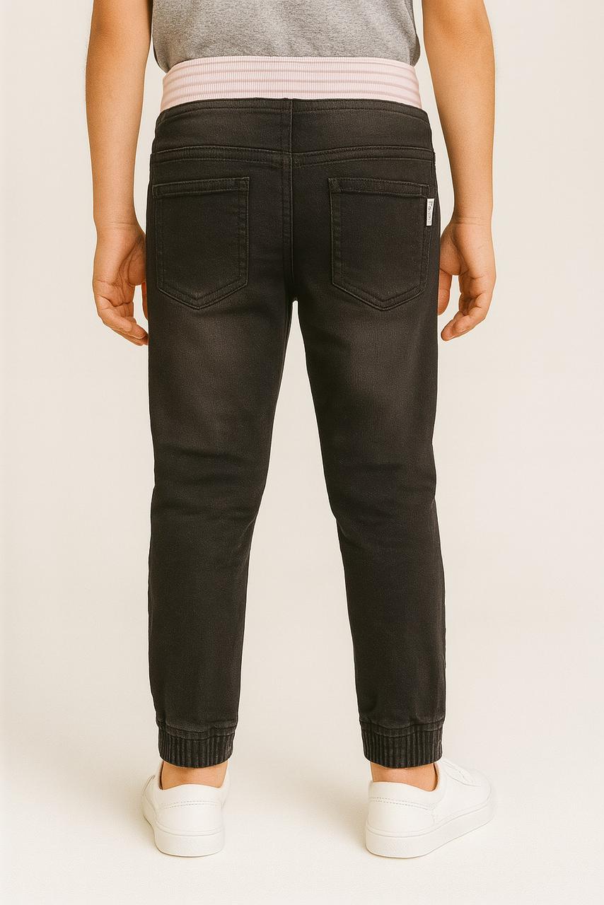 "Boys’ Black Denim Jogger Pants with Ribbed Waistband and Drawstring"/MH