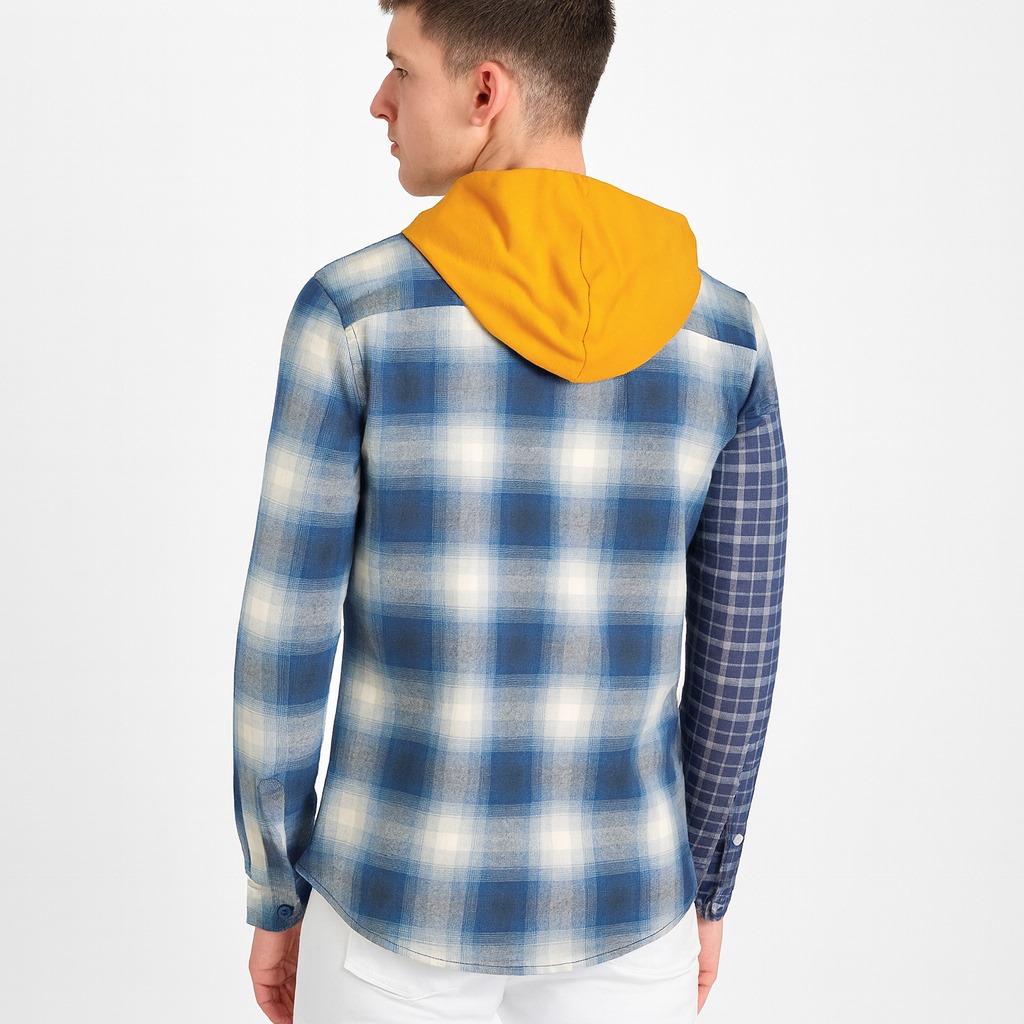 "Men’s Dual-Tone Plaid Shirt with Contrast Yellow Hood – Navy & Blue Check / MH