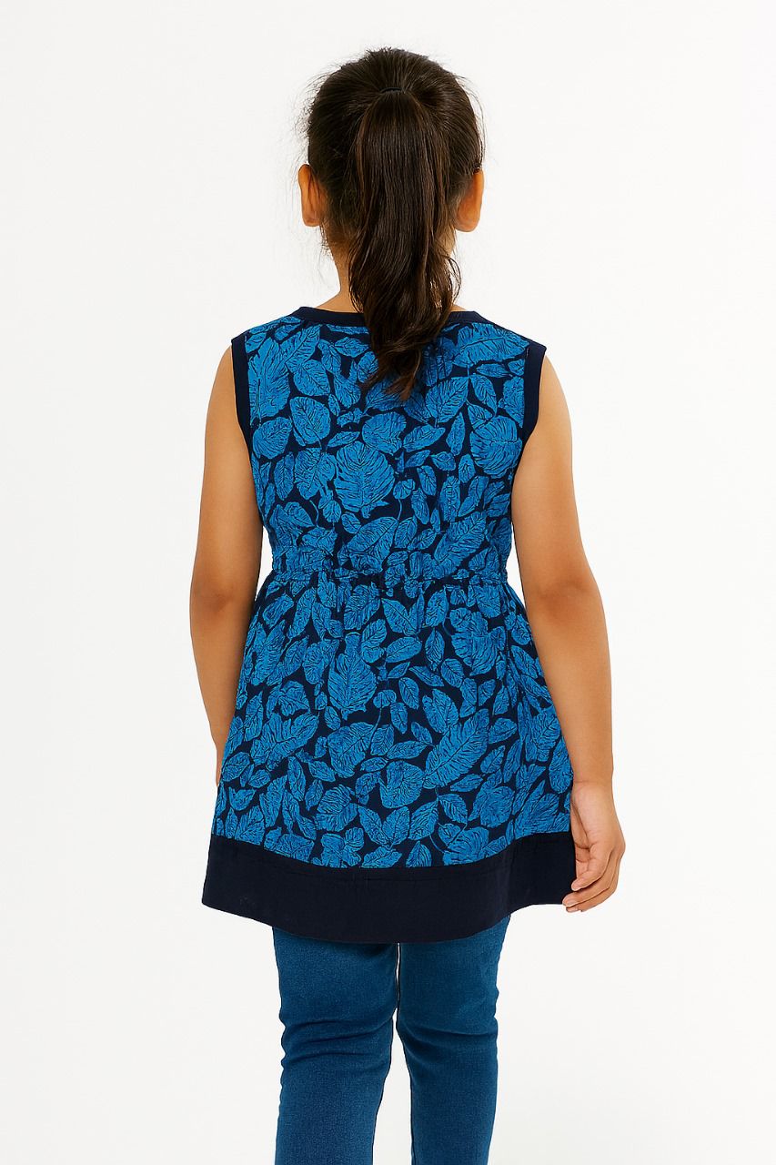 Kid Girl Leafy Print Sleeveless Button Dress | MH