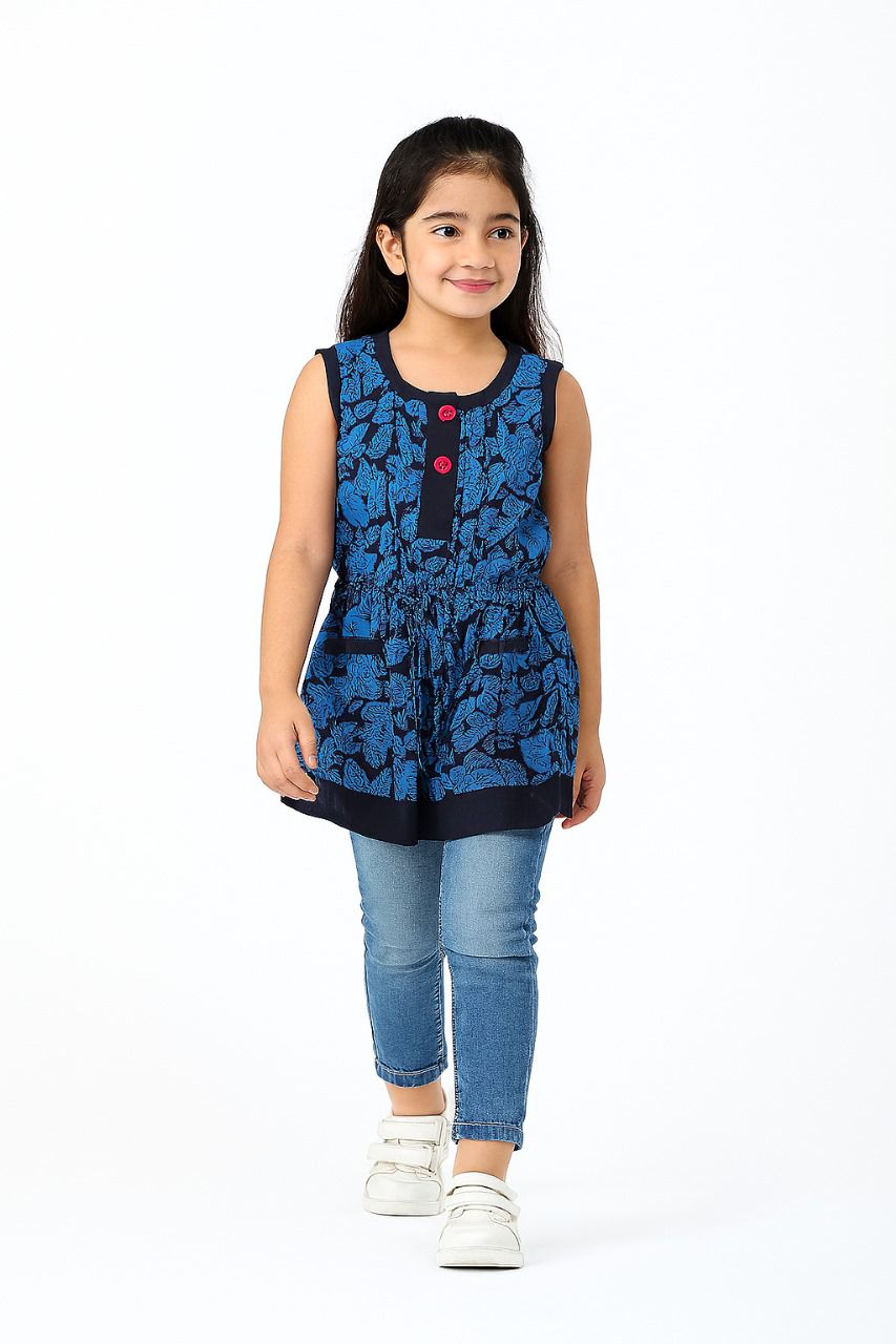 Kid Girl Leafy Print Sleeveless Button Dress | MH
