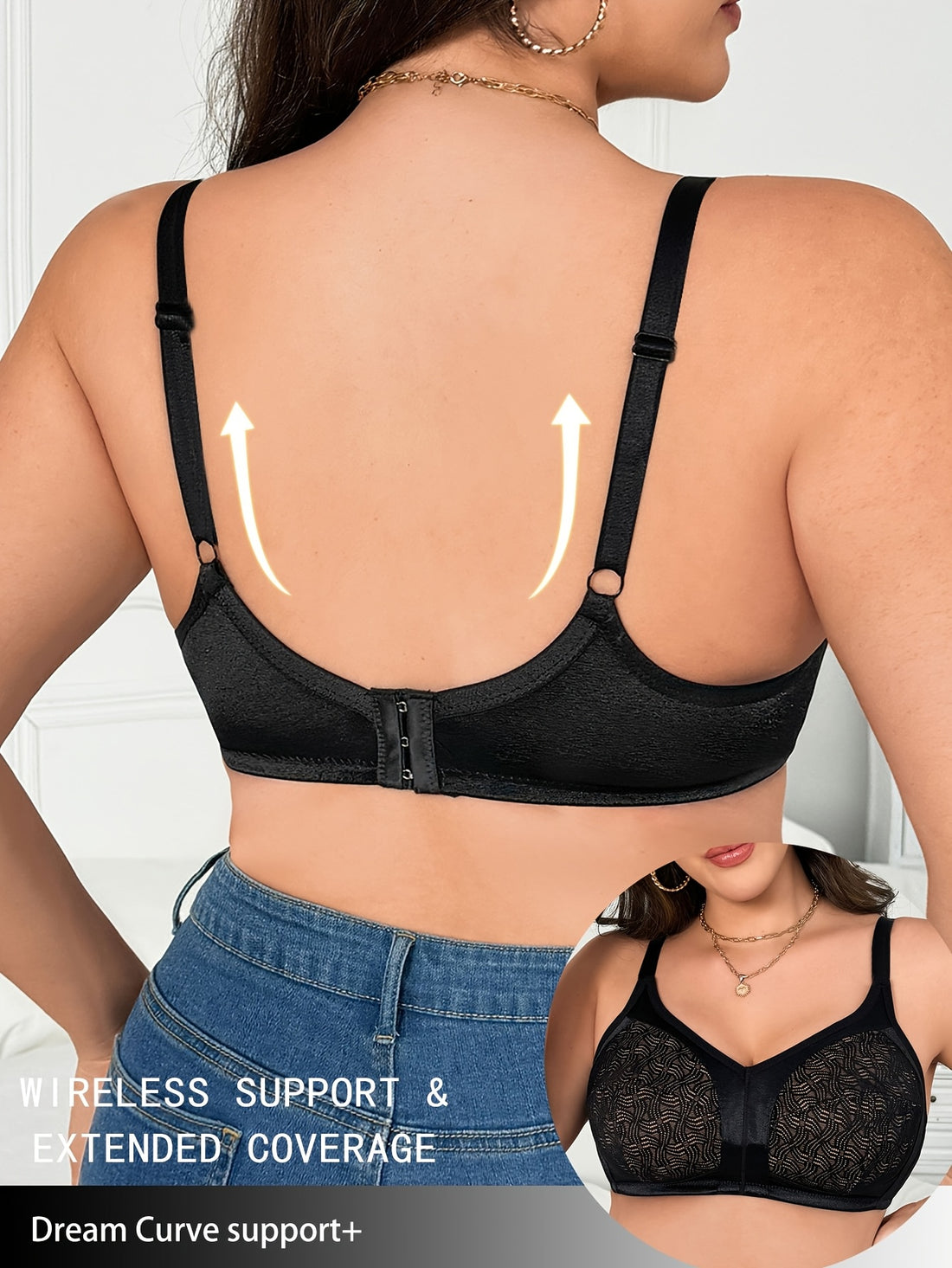 Plus Size Wireless Strapless Bra - No Underwire, Geometric Lace Detailing, /MH