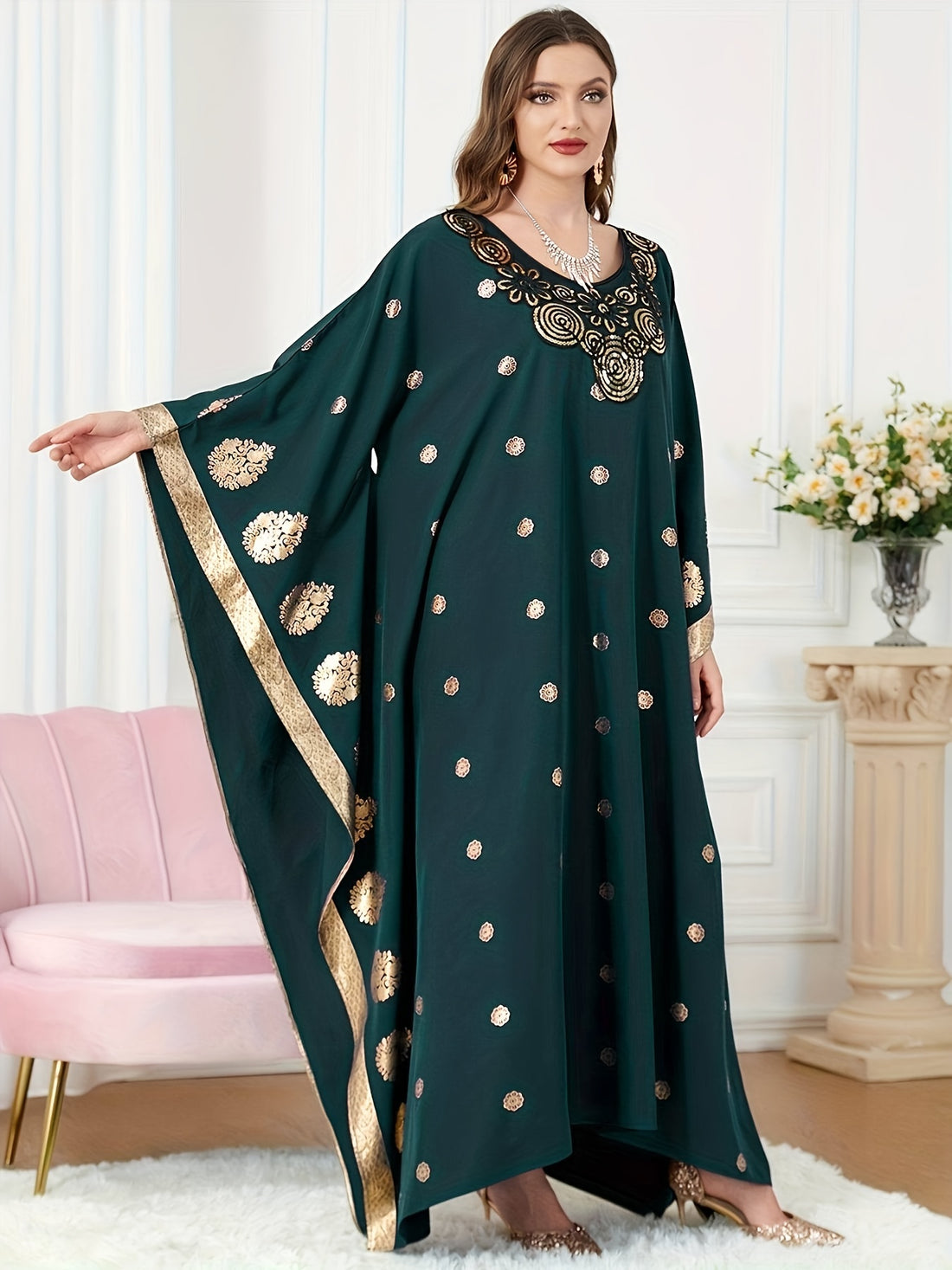 Graphic Print Batwing Sleeve Kaftan Dress, /MH