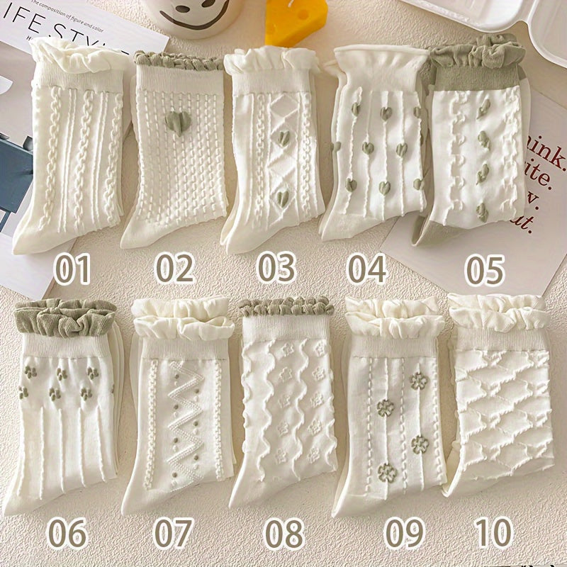 10 Pairs Floral & Heart Textured Ruffle Mid Tube Socks - Sweet, Cute, Women's Stockings & Hosiery with Ruffled Design and Mid Tube Length