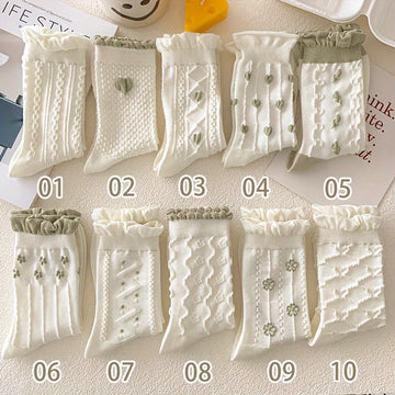 10 Pairs Floral & Heart Textured Ruffle Mid Tube Socks - Sweet, Cute, Women's Stockings & Hosiery with Ruffled Design and Mid Tube Length