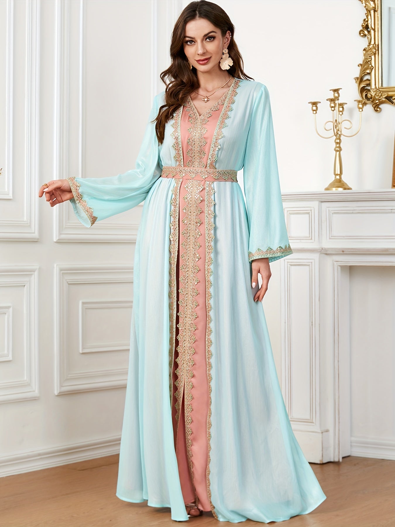 Contrast Lace Long Sleeve Kaftan Dress, Elegant V Neck '/MH