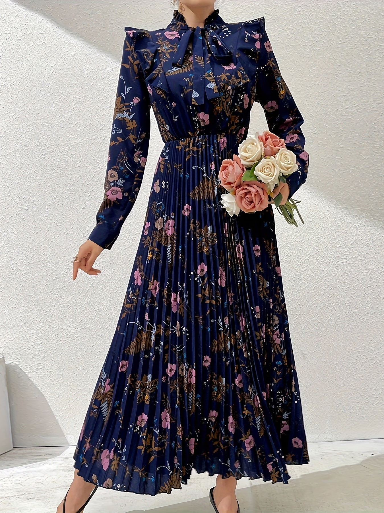 Floral Print Tie Neck Ruffle Trim Kaftan Dress, Elegant Long Sleeve '/MH