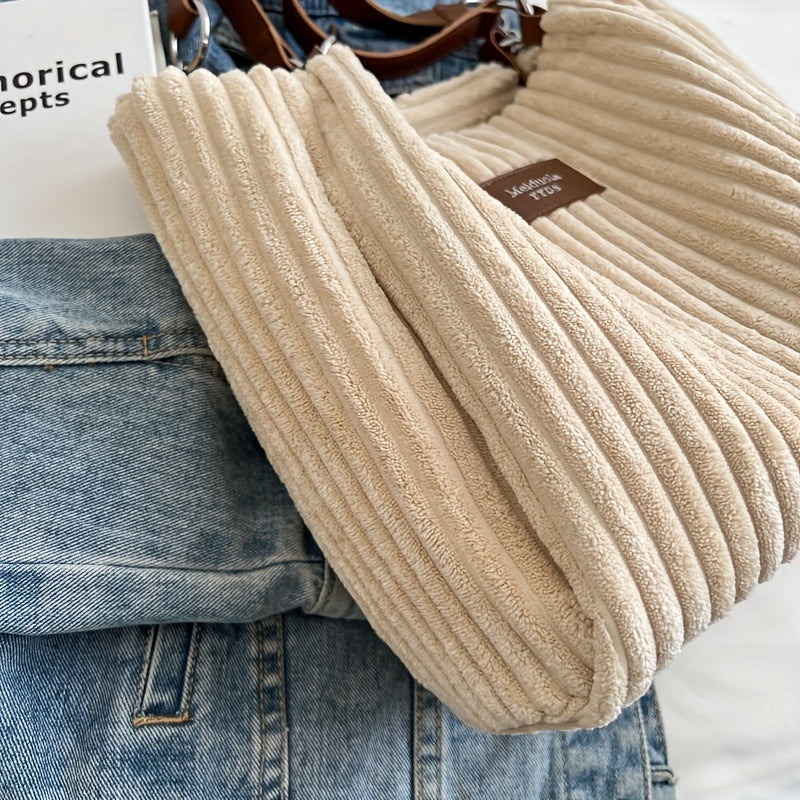 Corduroy Tote Bag For Women, Fashion Chain Shoulder Bag, Large Capacity Plush Handbag