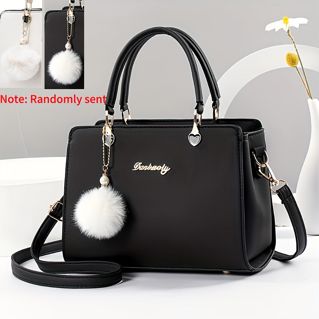 Fashion Solid Color Handbag, Women's Top Handle Square Purse, Elegant Crossbody Bag With Pompom Ball Pendant