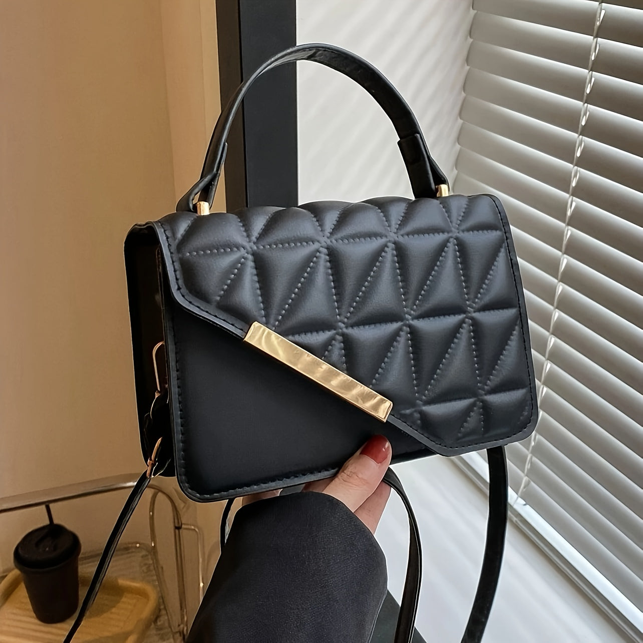 1pc, Chic Mini Quilted Square Handbag, PU Material, Top Handle With Crossbody Strap, Elegant Flap Closure, Fashion Accessory For Women