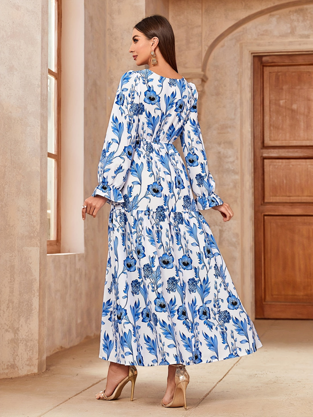 Floral Print Crew Neck Kaftan Dress, /MH