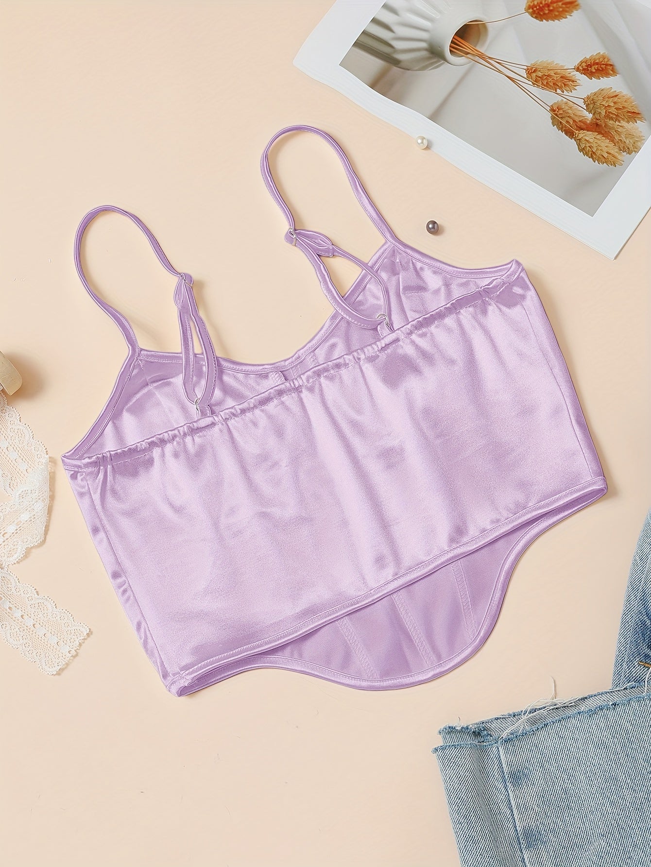 Chic Light Purple Satin Corset Crop Top .
