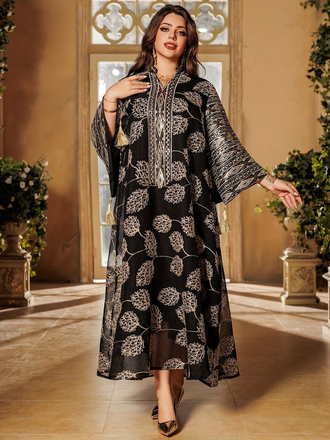 Elegant Black & Golden Decorated Kaftan for Women - Luxurious Long Sleeve Maxi Dress with Fringe Detail, Geometric Pattern, and Drawstring Waist, Perfect for Ramadan and Formal Events, Ramadan Clothing | Luxurious Decoration