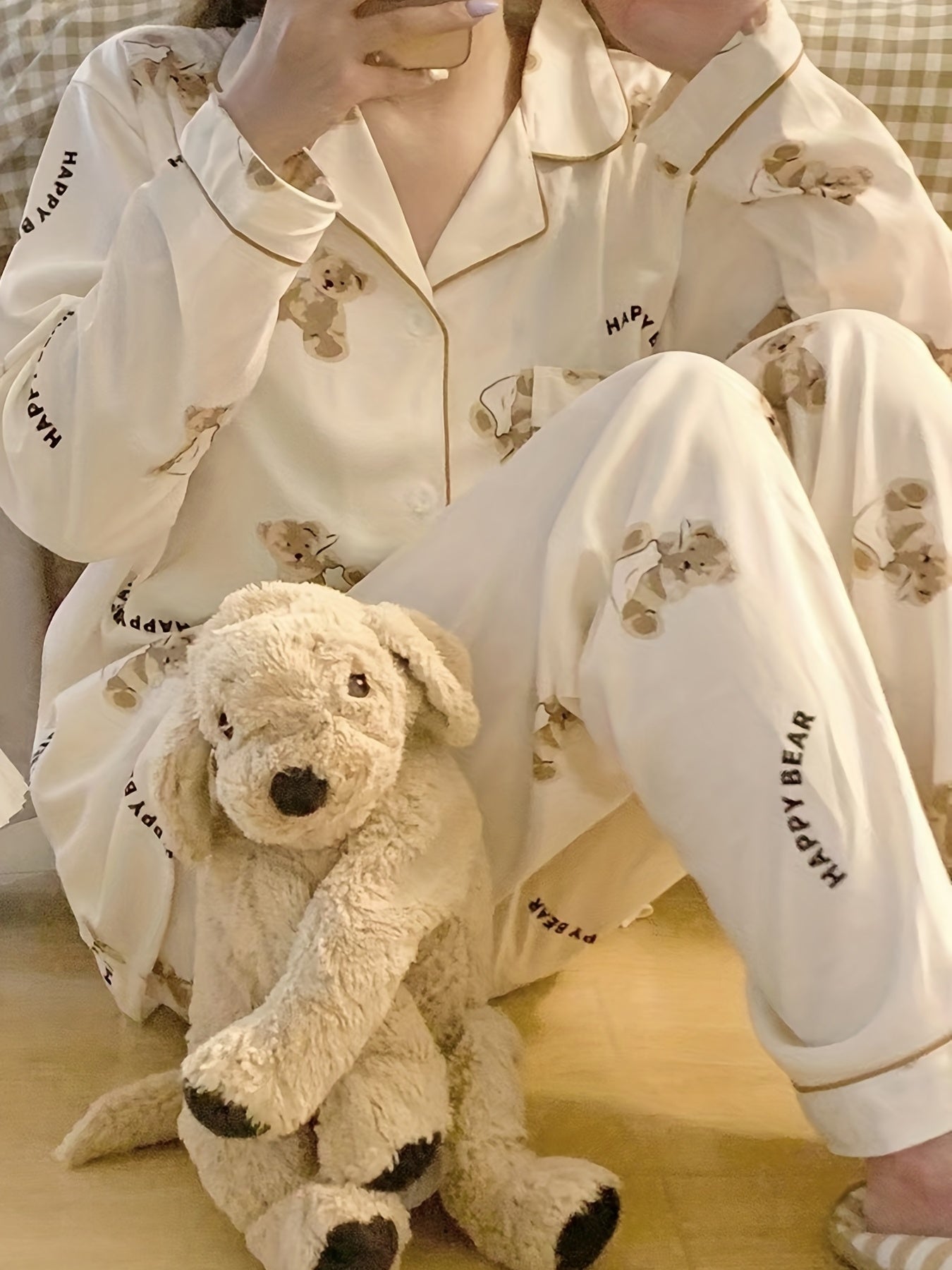 Cartoon Bear Print Pajama Set, /MH