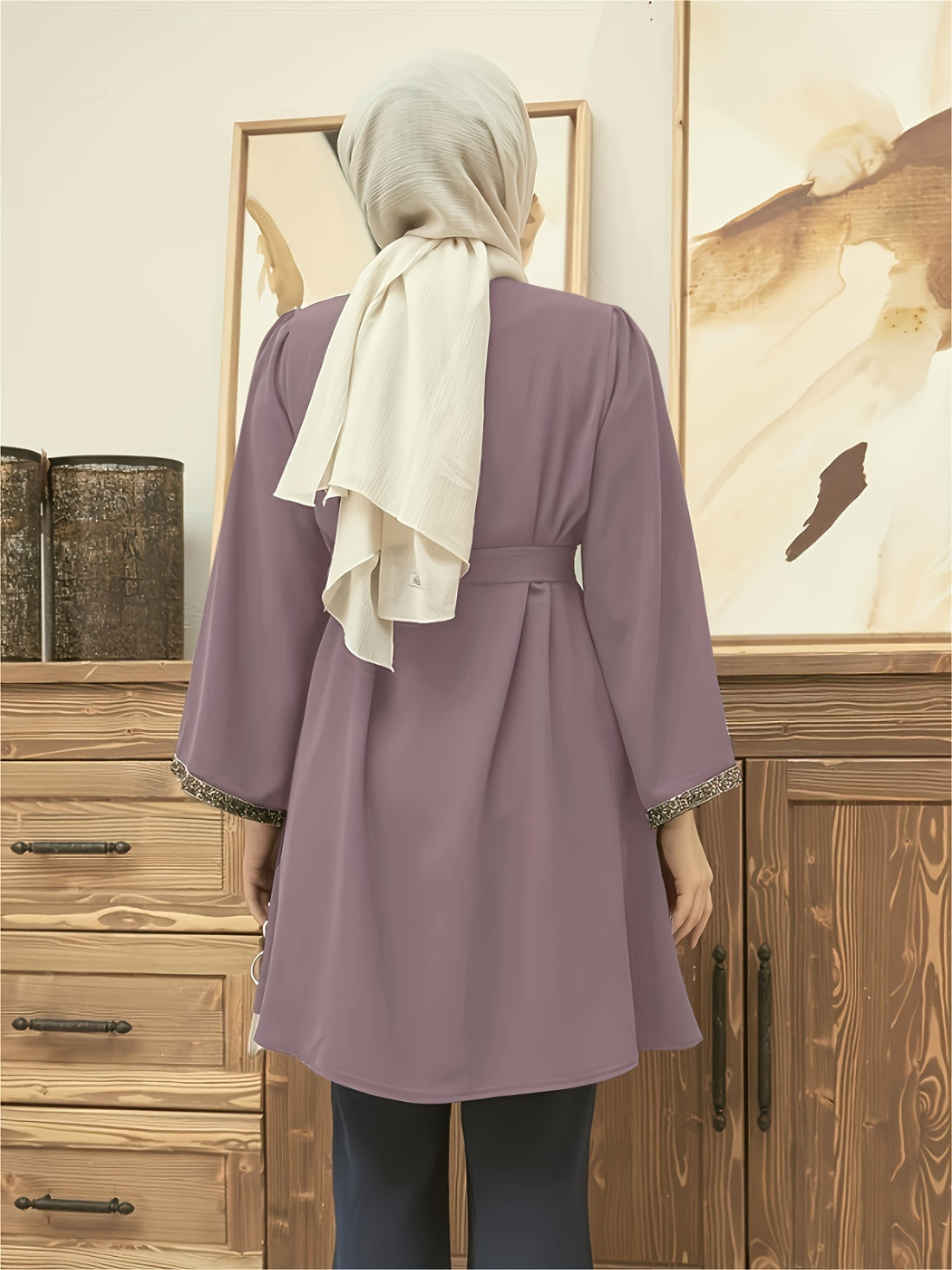 Contrast Trim Belted Button Front Kaftan Shirt, /MH
