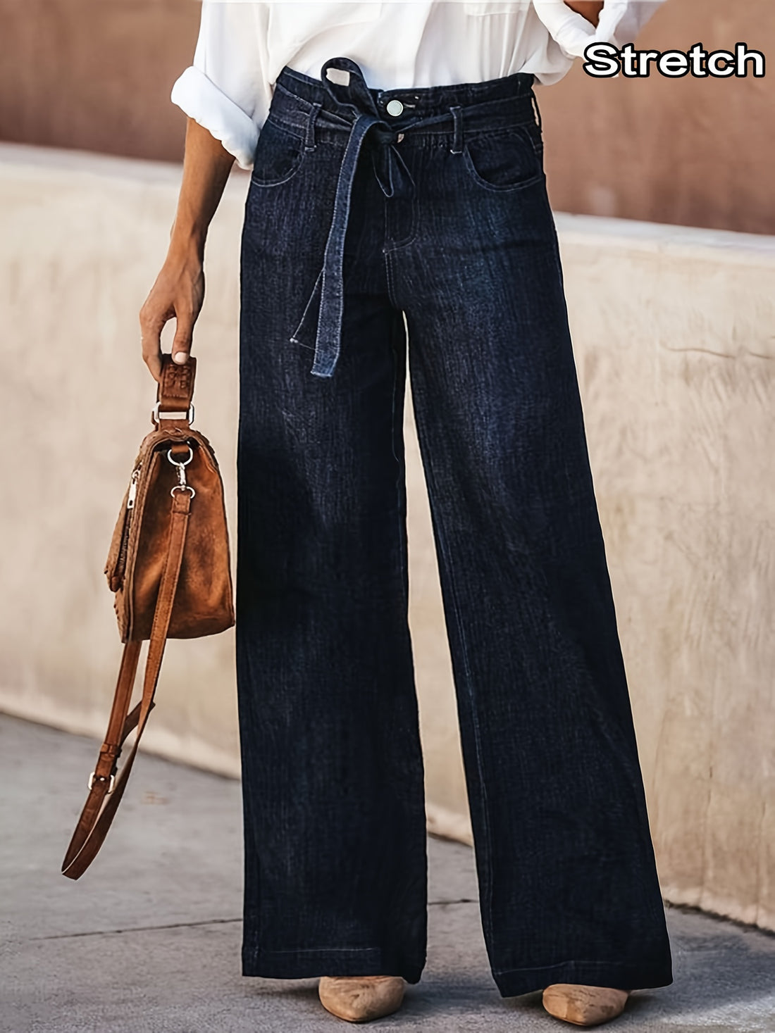 Women'S Stretch High-Waisted Wide-Leg Jeans - Non-See-Through All-Season Pants with Side Pockets, Stretchy Jeans for Women, Office, Travel, Everyday - Elegant Non-Bulky Leggings, High Waisted Jeans, Office Wear, Relaxed Fit,