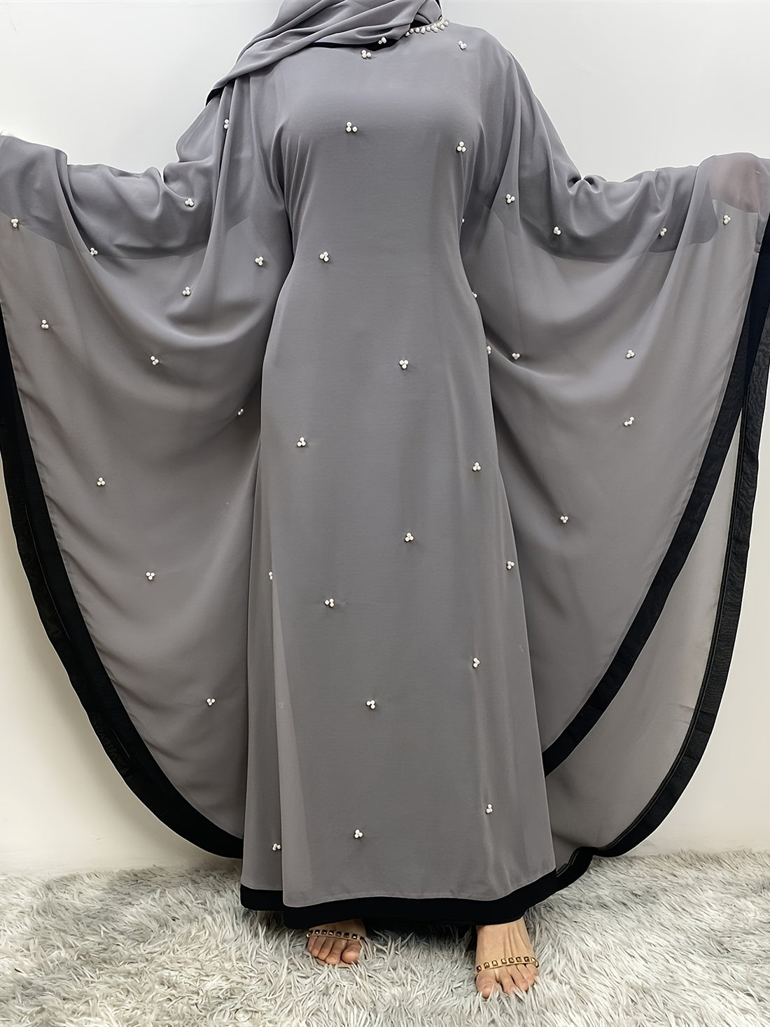Beaded Contrast Trim Modest Dress, Elegant Batwing Sleeve Loose Maxi '/MH