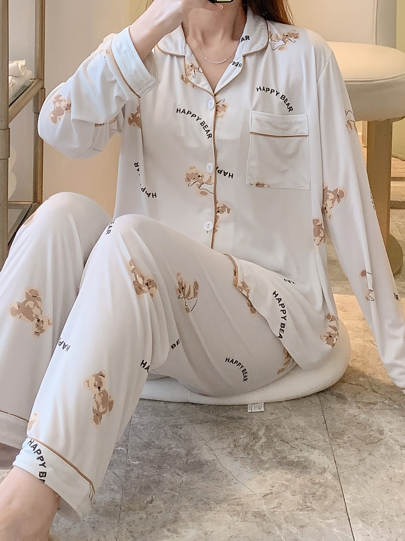 Cartoon Bear Print Pajama Set, /MH