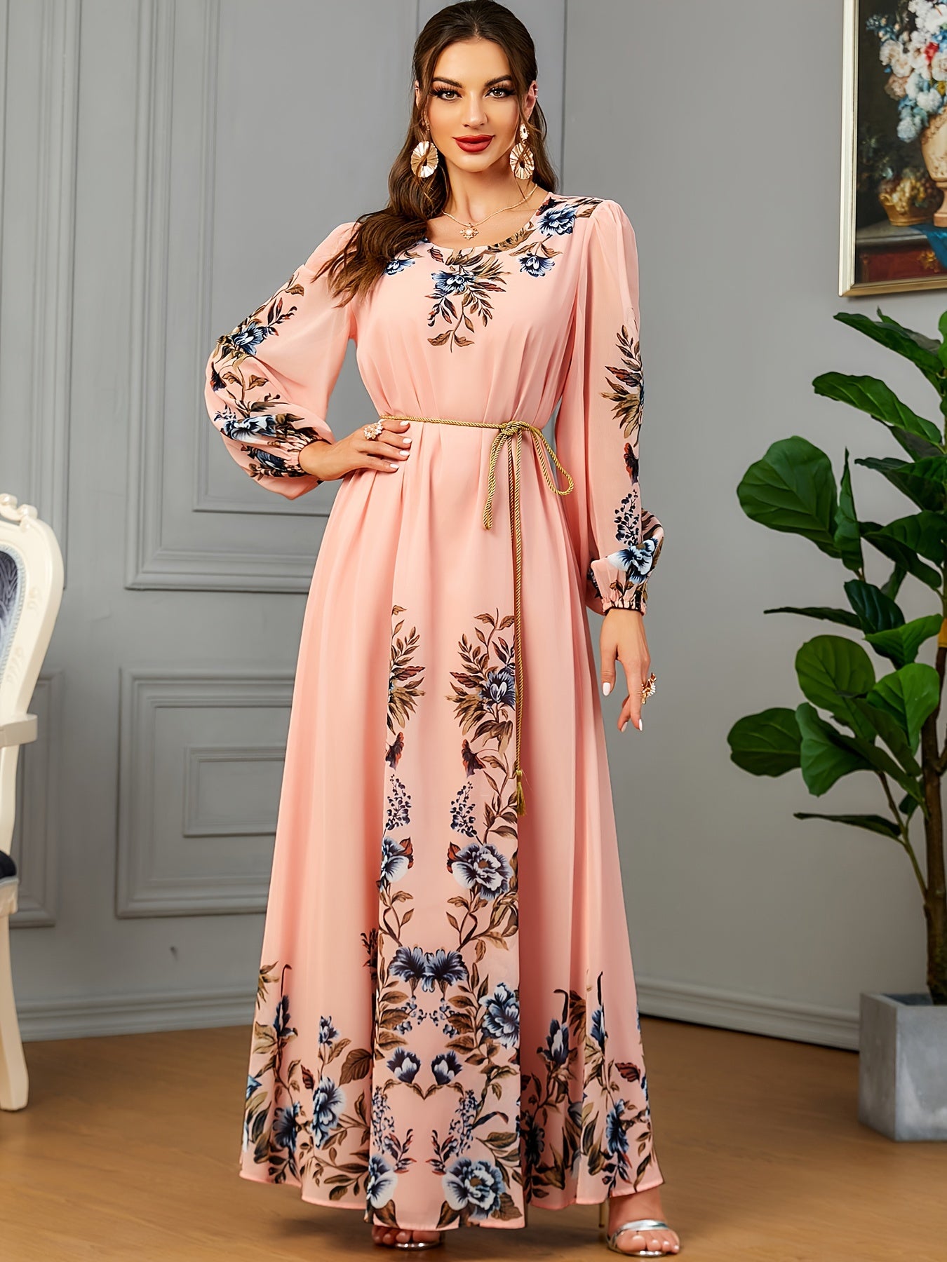 Floral Print Long Sleeve Kaftan Dress, women fashion'/MH