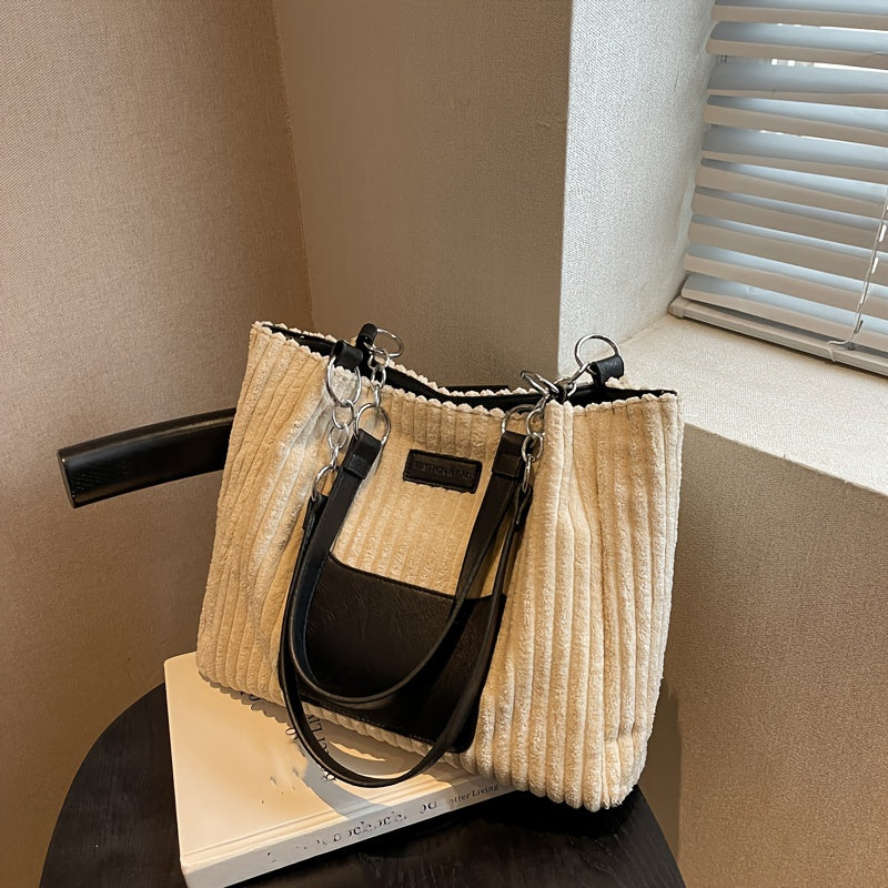 Corduroy Tote Bag For Women, Fashion Chain Shoulder Bag, Large Capacity Plush Handbag