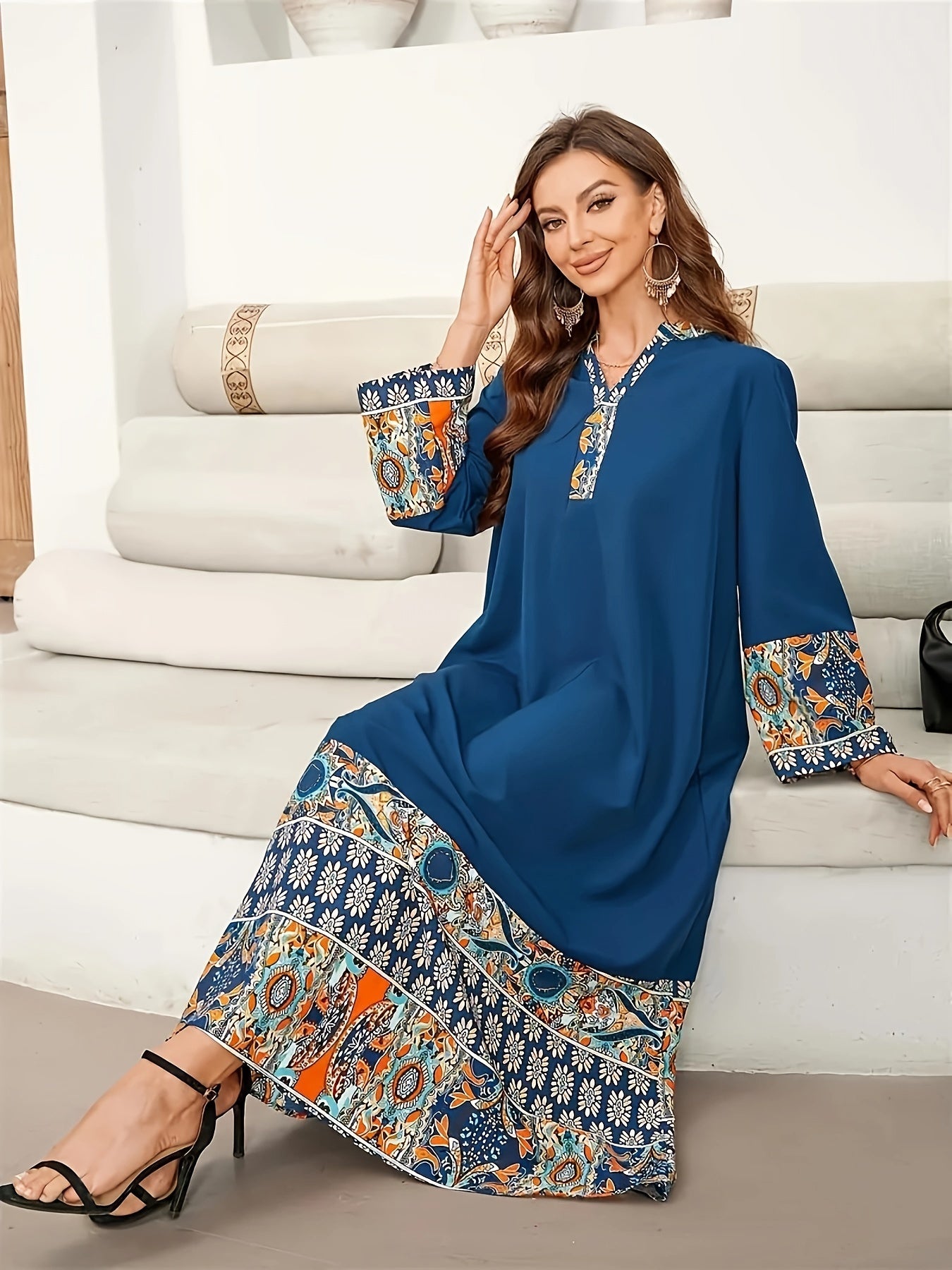 Paisley Print V-neck Kaftan Dress, Elegant Long Sleeve '/MH