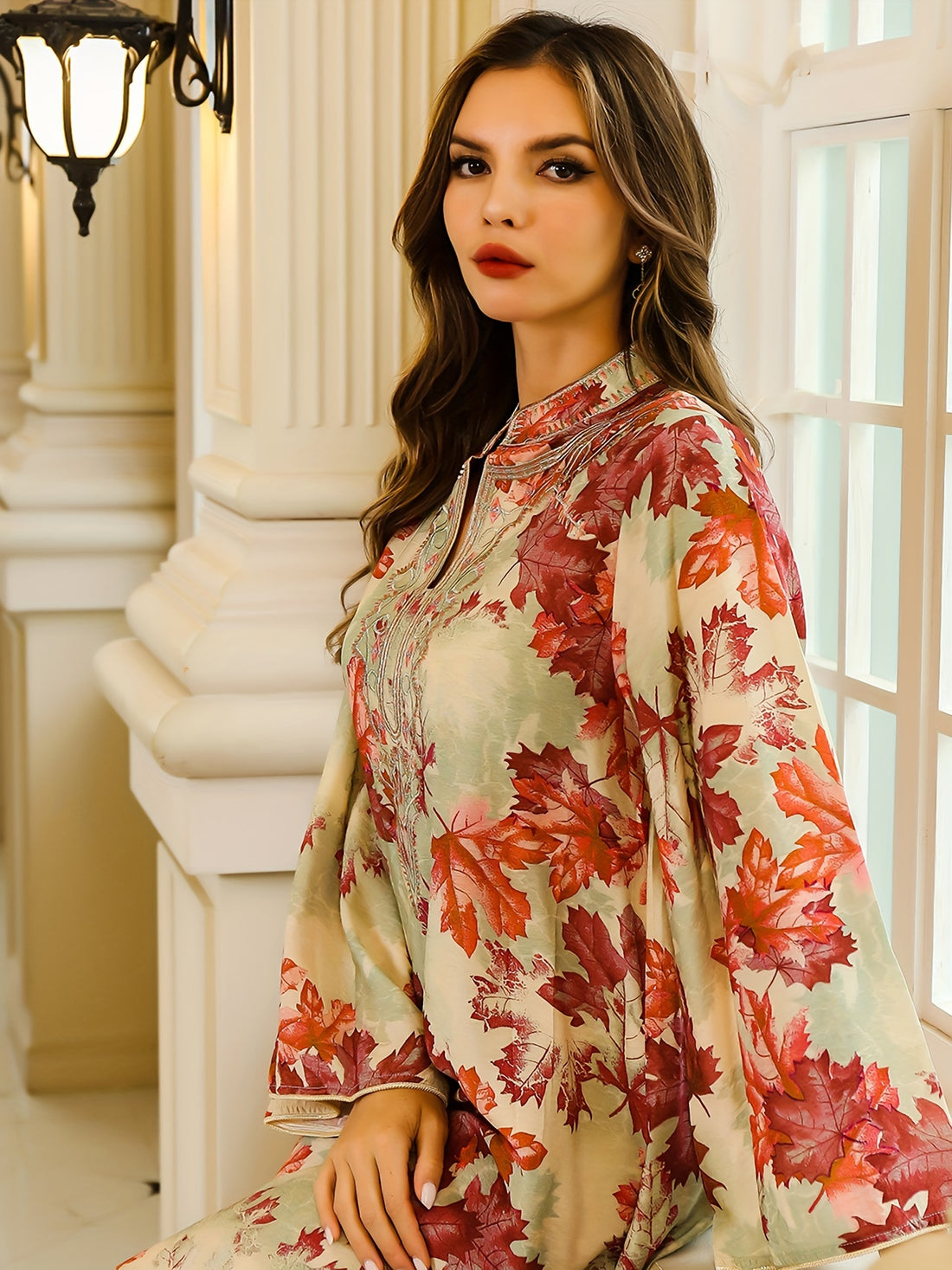 Maple Print Tie Neck Kaftan Dress, Elegant Long Sleeve 'MH