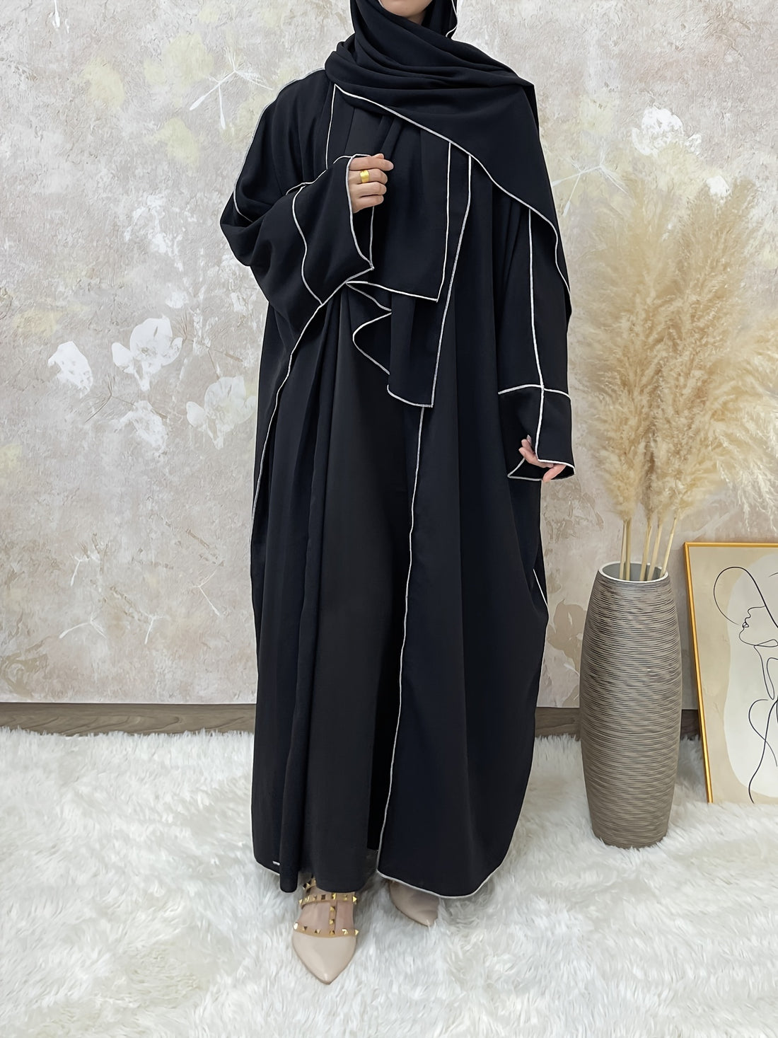 Elegant Contrast Trim Two-piece Set, Open Fron& Khimar Hijab,/MH