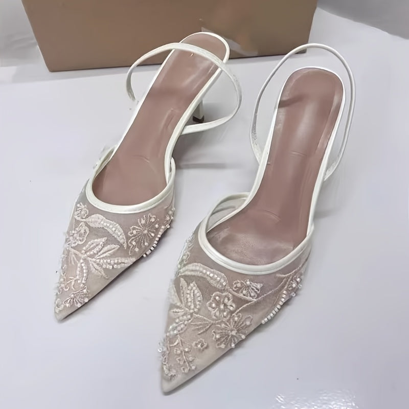 ZA2025 Women's Elegant Summer Mule Sandals - Champagne Embroidered Mesh Cap Toe, Stiletto High Heel, PU Cover Upper & Rubber Sole, Full Coverage Ankle Support for Weddings, Parties, Formal Events, Wedding Shoes, Wedding Guest