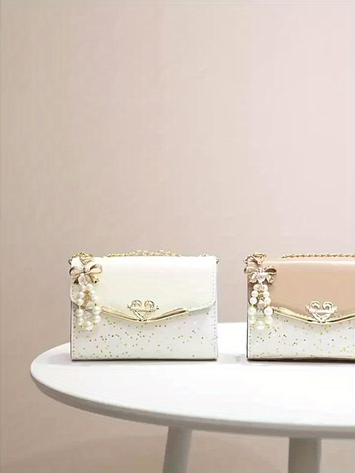 Elegant Korean Style Messenger Bag for Women, Casual Solid Color with Sequin Embellishment, Adjustable Strap, Magnetic Closure, Polyester Lined, Lightweight Shoulder Bag for Mobile Phone and Coin Purse