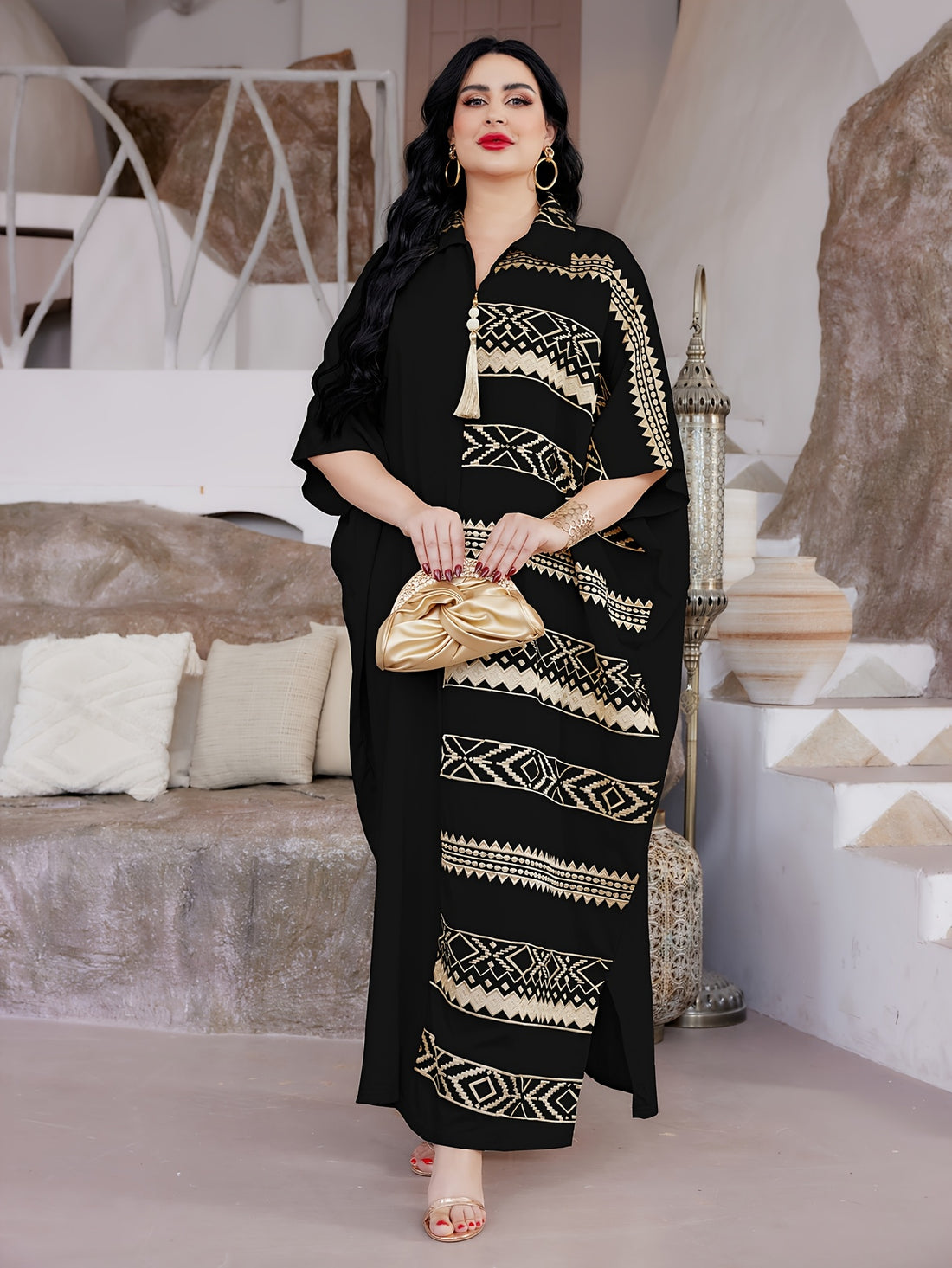Elegant Ramadan Jalabia Dress - Golden & Black Geometric Embroidery,/MH