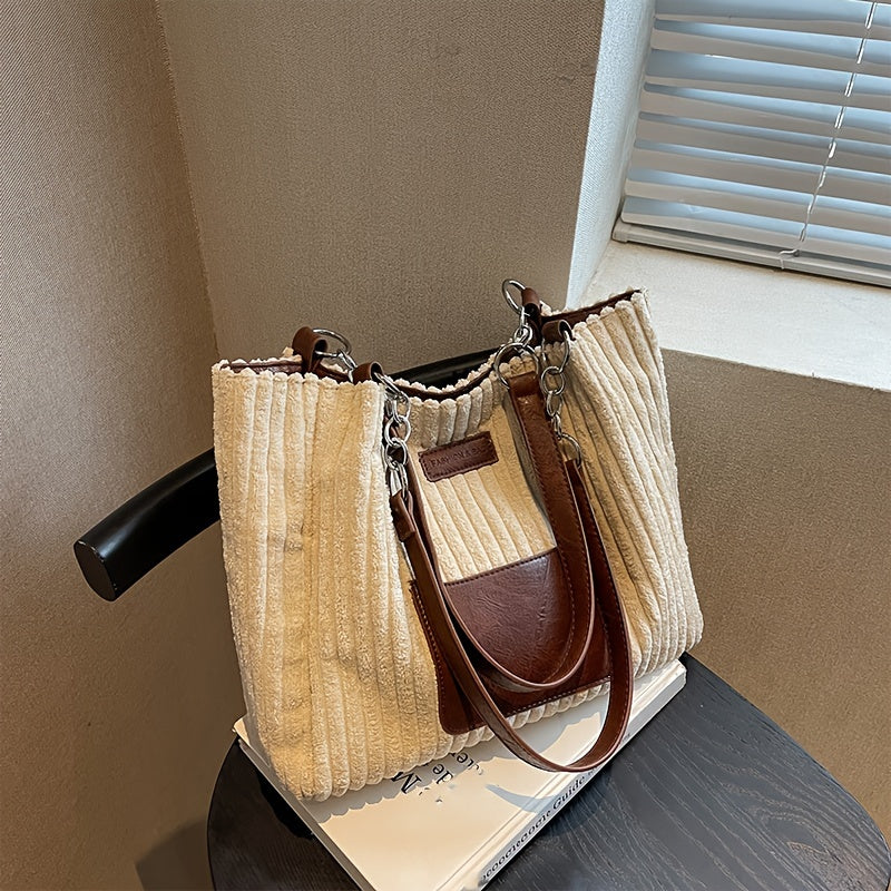 Corduroy Tote Bag For Women, Fashion Chain Shoulder Bag, Large Capacity Plush Handbag