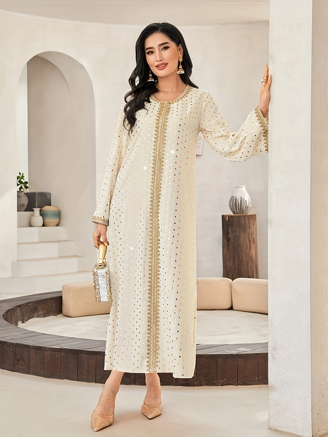 Polka Dot Print Crew Neck Kaftan Dress, Elegant women fashion'/MH