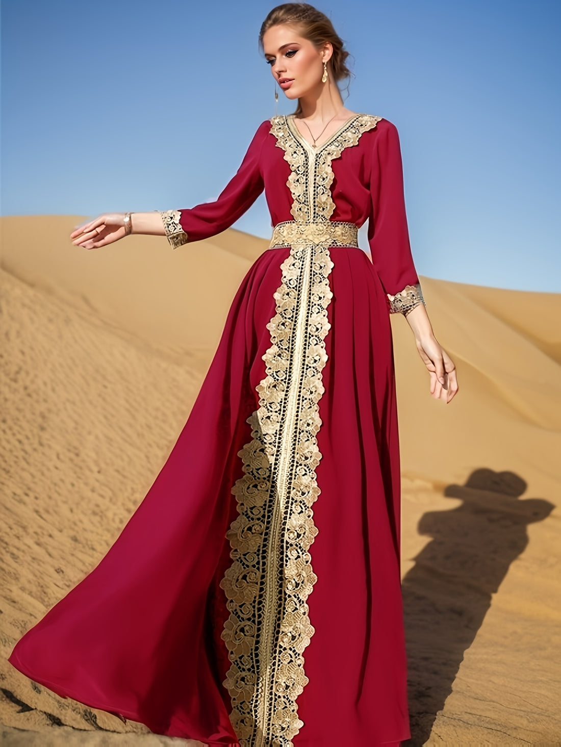 Ramadan Lace Trim V Neck Kaftan, Elegant Long Sleeve 'MH