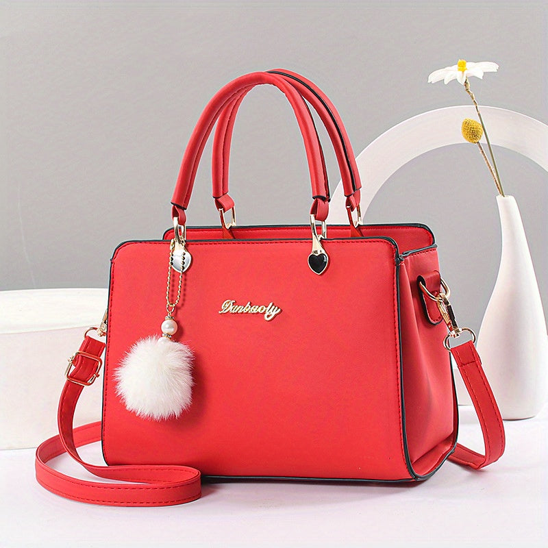 Fashion Solid Color Handbag, Women's Top Handle Square Purse, Elegant Crossbody Bag With Pompom Ball Pendant