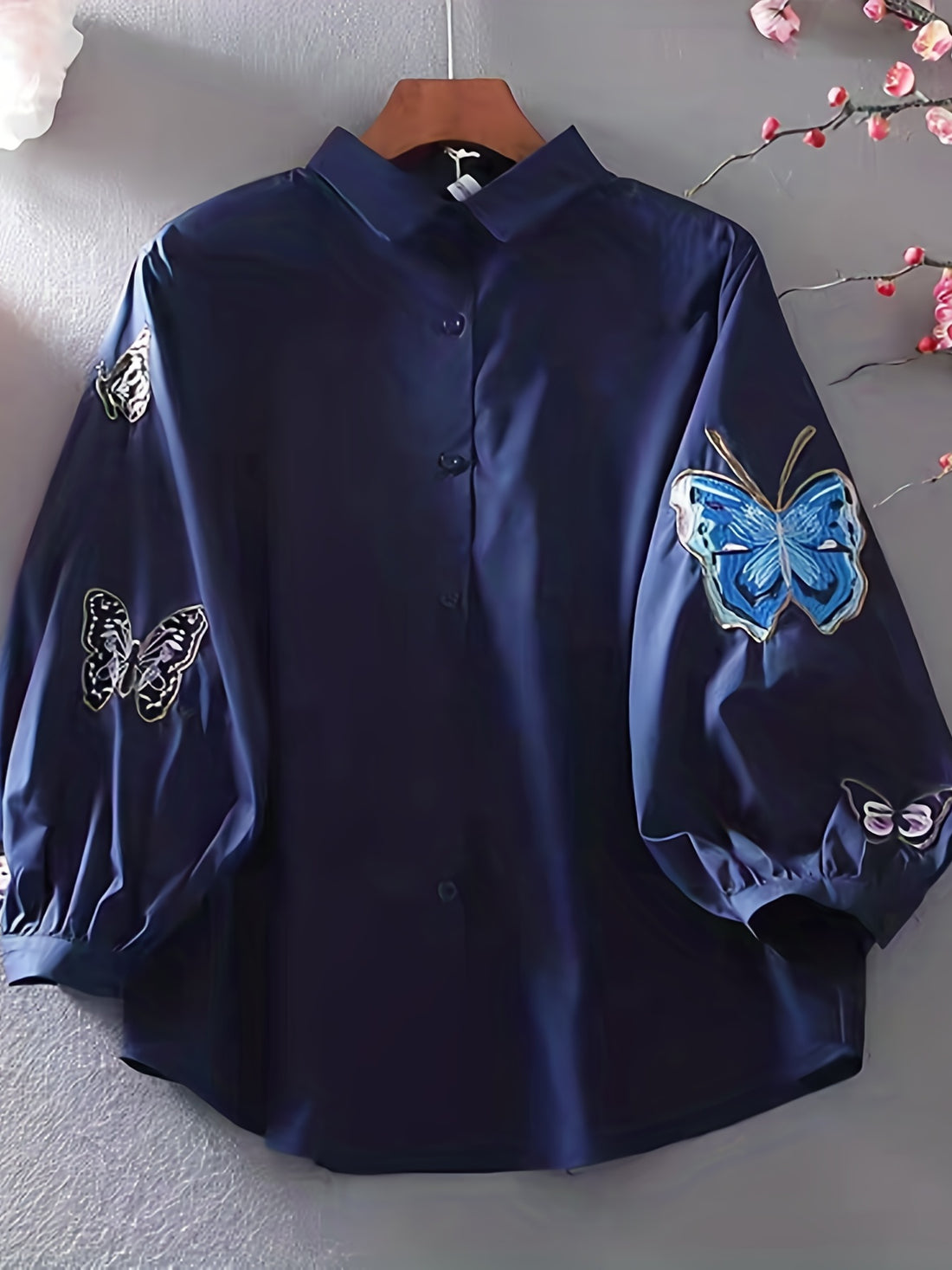 Butterflies Print Shirt, Long Sleeve Button Up Casual Top.