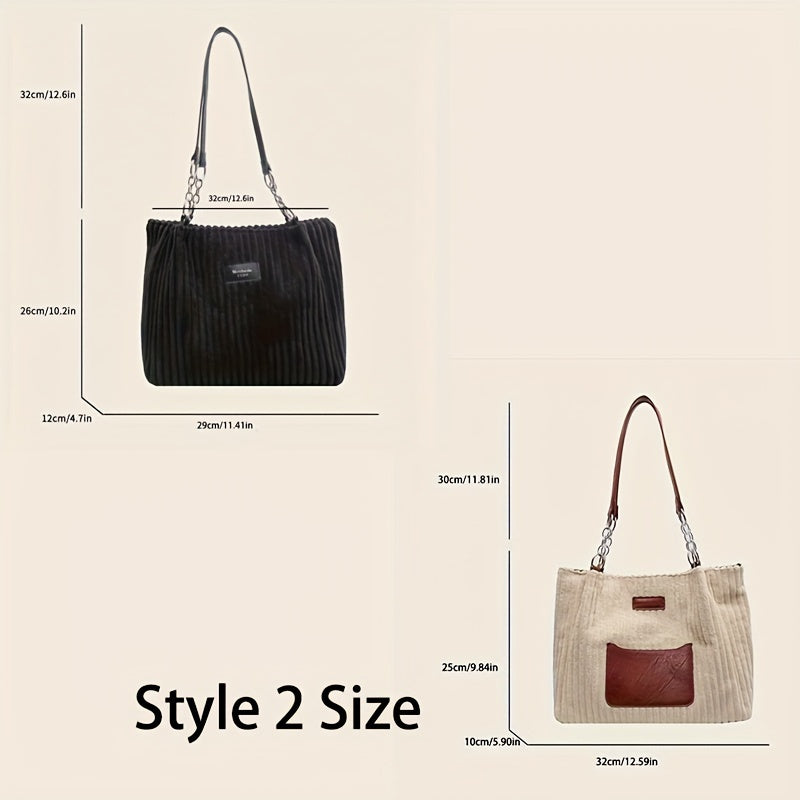 Corduroy Tote Bag For Women, Fashion Chain Shoulder Bag, Large Capacity Plush Handbag