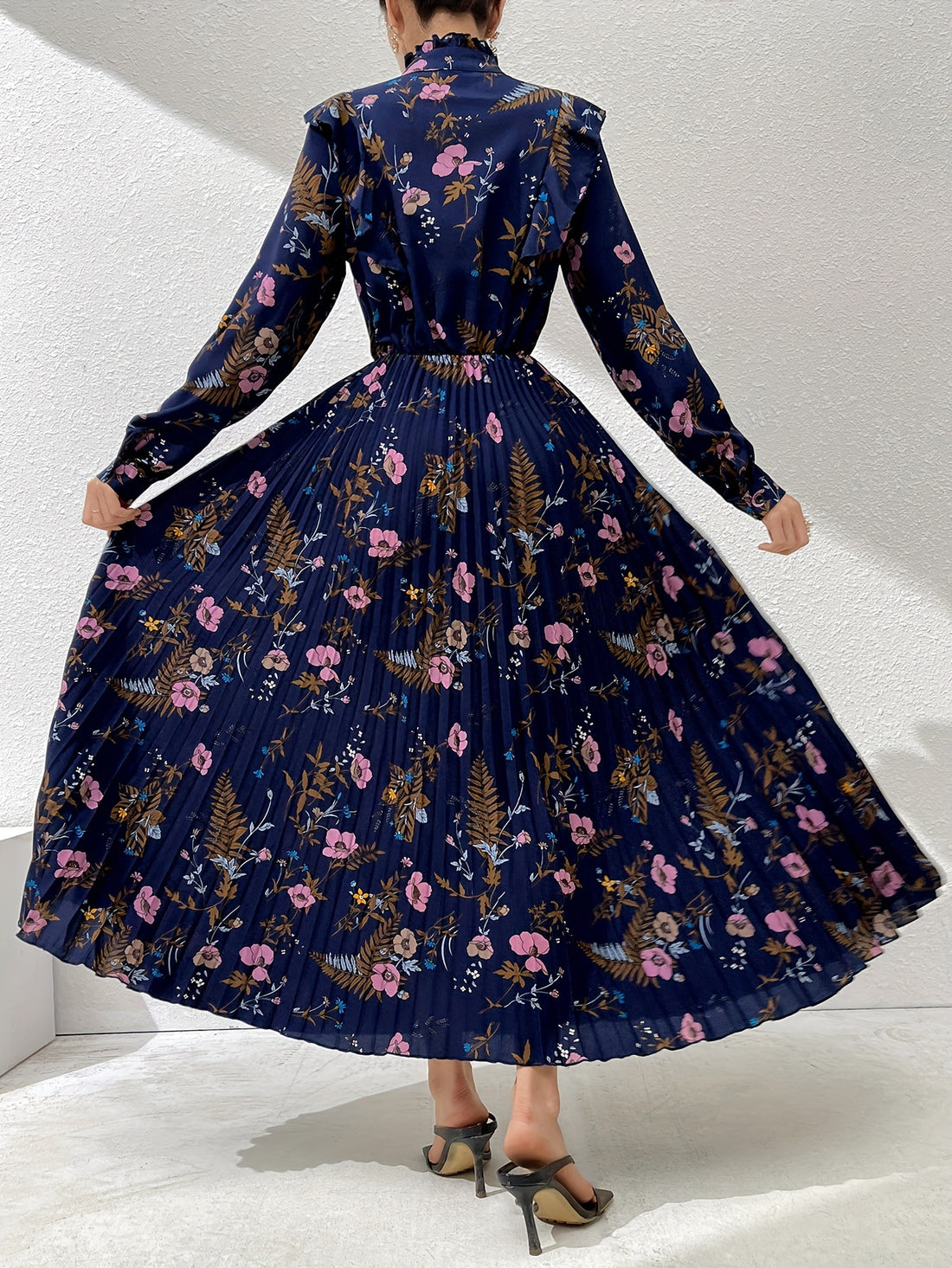 Floral Print Tie Neck Ruffle Trim Kaftan Dress, Elegant Long Sleeve '/MH