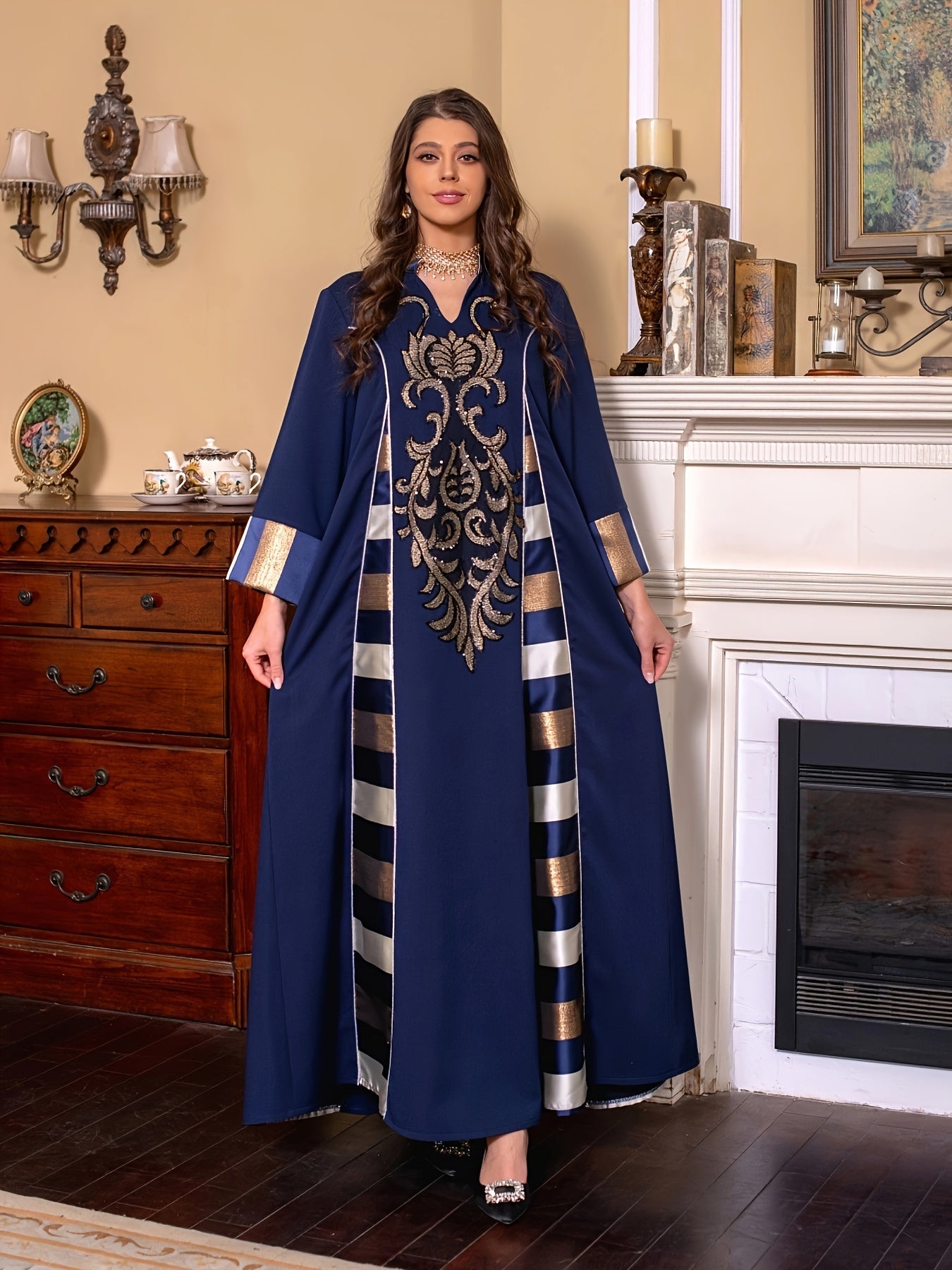 Oriented Spot Middle East Dubai Muslim Women's Abaya Long Dress with Stand Collar, Regular Fit, Ultra-Thick Texture, Super Soft Straight Sleeve Hand- Floral Patchwork Craftsmanship, Lightweight Elegant Arab Garment Jilbab Tur
